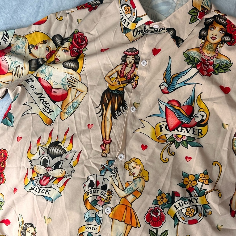 Tattoo ladies sailor Print Button-Up Shirt XL